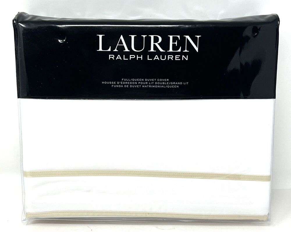 Ralph Lauren Spencer Border Sateen Full Queen Duvet Cover FLAX Tan White NWT New
